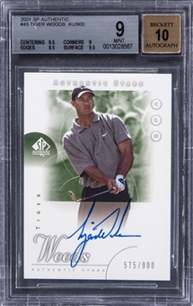 2001 Upper Deck SP Authentic Golf "Authentic Stars" Autographs #45 Tiger Woods Signed Rookie Card (#575/900) - BGS MINT 9/BGS 10